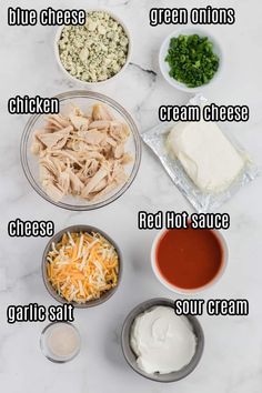 the ingredients for chicken salad laid out on a white marble counter top with text overlay