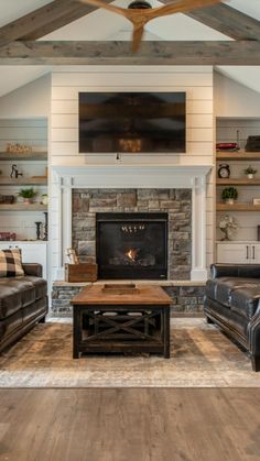 a living room with two couches and a tv above the fire place in it