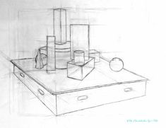 a pencil drawing of some objects on top of a table with a ball in the middle