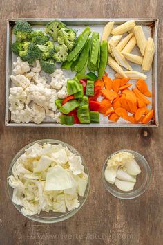 the vegetables are prepared and ready to be cooked in the oven, including broccoli, cauliflower, carrots, ce & peppers