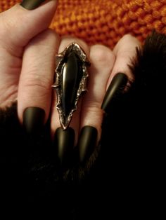 A black onyx gemstone with a copper electroformed base. Size 6.5. Unique Black Copper Jewelry, Elegant Black Copper Jewelry, Hand Forged Black Metal Jewelry, Spiritual Black Jewelry With Large Stone, Witchy Rings, Clothes Jewellery, Witchy Ring, The Banshee, Electroformed Ring