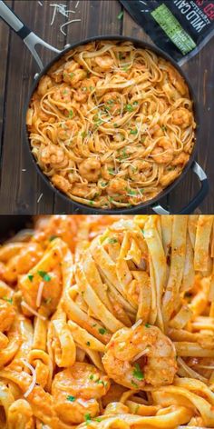 pasta with shrimp and parmesan cheese in a skillet on a wooden table