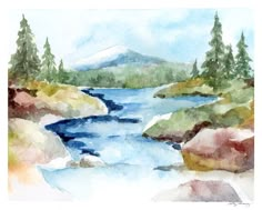 a watercolor painting of a river with mountains in the background