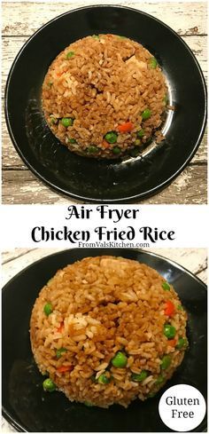 two plates with rice and vegetables on them, one is cooked in an air fryer