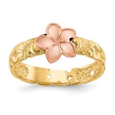 14K Two Tone Plumeria Baby Ring. Material: Primary - Purity:14K|Band Width:4 mm|Feature:Solid|Manufacturing Process:Casted|Material: Primary:Gold|Product Type:Jewelry|Jewelry Type:Rings|Sold By Unit:Each|Material: Primary - Color:Two-Tone|Ring Type:Themed Size: 5.  Gender: unisex.  Age Group: infant. Baby Ring, Gold Flower Ring, Baby Rings, Jewelry Accessories Ideas, Dope Jewelry, Jewelry Lookbook, Childrens Jewelry, Girly Jewelry, Jewelry Inspo