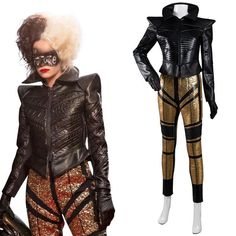 a mannequin dressed in black leather and gold sequins is next to an image of a woman with glasses on her face