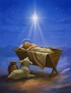 a painting of a baby in a manger with a dog