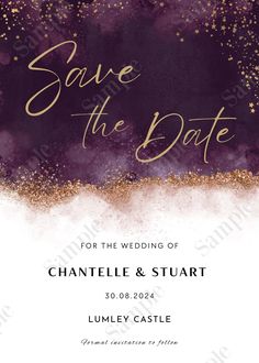 save the date card with purple and gold glitters on it, in front of a dark