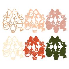 an assortment of bows and ornaments are shown in different colors on a white background,