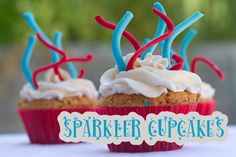 two cupcakes with red, white and blue icing on them that say sparkler cupcakes