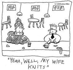 a cartoon drawing of a man sitting in front of a woman who is knitting on the floor