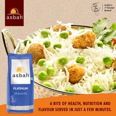 a plate of rice with peas and meatballs on it, next to an ad for asbah