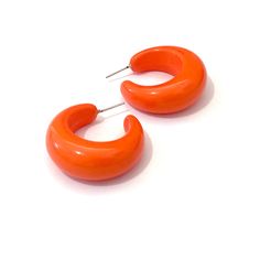 "Orange hoop earrings in a great bold shape. Retro opaque jewelry always makes me think of Lucy. Each earring hoop measures just under 1.5\" or 36mm in diameter in a chunky width - these are your retro-chic, lovely and classic, yet funky & new, it's great to be a girl, hoop earrings. Most all earrings are made with vintage lucite parts that were made in the US in the 1960's - early 80's. We hand-set them with surgical steel earring posts and they have sturdy surgical steel/acrylic backings o Trendy Small Hoop Orange Earrings, Orange Small Hoop Earrings For Gift, Small Hoop Earrings Orange For Gift, Small Hoop Earrings Orange Gift, Small Hoop Earrings In Orange For Gifts, Small Hoop Retro Earrings For Pierced Ears, Small Retro Hoop Earrings, Orange Small Hoop Earrings With Ear Wire, Retro Small Hoop Earrings As Gift