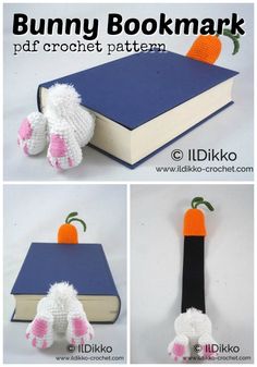 the bunny bookmark is made out of crochet and has an orange carrot on it