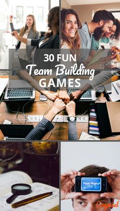 a collage of photos with the words 30 fun team building games written on them