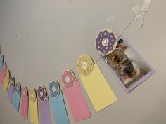 there is a birthday banner with donuts hanging from it's sides on the wall