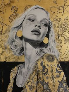 a painting of a woman with large gold earrings on her face and yellow flowers in the background