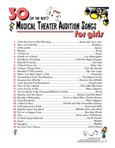 the 30 musical theater auction song list for girls is shown in red and black text