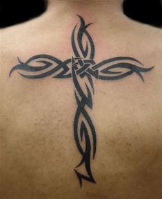 a cross tattoo on the back of a man