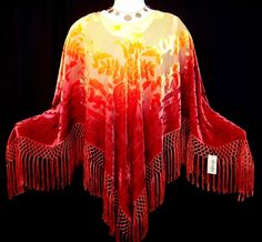 WEAR THE "SUNRISE"    THIS IS A VERY SPECIAL OFFER FROM MAYA MATAZARO COLLECTION , A FANTASTIC GROUP OF HAND DYED SILK PONCHO-S , ONE OF A KIND WEARABLE ART .   EACH PEACE WAS HAND DYED INDIVIDUALLY BY MAYA AND BECAUSE HER HAND DYED AND HAND PAINTED WORK HAS BEEN COPIED MUCH , FROM NOW ON SHE WILL SIGN EACH PIECE ON THE BACK OF THE GARMENT IN ADDITION TO THE COPY RIGHT .   THIS AUCTION IS FOR A GORGEOUS PONCHO SHAWL TOP WITH FRINGE IN A SUPERB DEEP RED AND GOLD OMBRE WITH MANY TONES OF ORANGE AN Velvet Poncho, Shawl Top, Open Poncho, Open Front Poncho, Gold Ombre, Velvet Burnout, Poncho Shawl, Burnout Velvet, Poncho Style