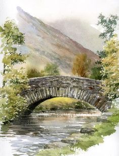 a painting of a stone bridge over a river with trees and mountains in the background