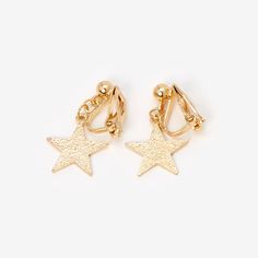 Fall in love with these beautiful star shaped clip on drop earrings! No piercings necessary, these gold-tone earrings will add elegance and style to any outfit. Finish: Gold-tone Closure: Clip on Sandblasted star design Material: Metal + Plastic - Claire's Gold Sandblasted Star Clip On Drop Earrings Clip On Gold Earrings, Cute Clip On Earrings, Diy Clip On Earrings, Mel Aesthetic, Princess Sweet 16, Oc Creator, School List, Room Renovation, Gold Clips