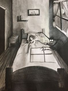 a black and white drawing of a bedroom with a bed