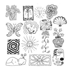 an ink drawing of different designs and shapes