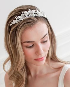 Kacie Floral Wedding Tiara - Shop Bridal Crowns | Dareth Colburn Floral Wedding Tiara, Floral Tiara Hairstyles, Wedding Circlet Floral, Bridesmaid Headpiece Floral Crowns, Real Flower Tiara Floral Crowns, Crystal Wedding Tiaras, Bridal Hair Pins Pearl, Floral Tiara, Bride Crown