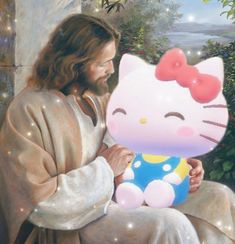 a painting of jesus holding a hello kitty stuffed animal