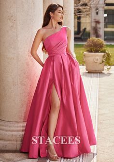 Pink One Shoulder Dress For Prom Season, Pink Formal One Shoulder Dress For Prom, Pink Sleeveless One Shoulder Dress For Gala, Pink Sleeveless One-shoulder Dress For Gala, Pink One-shoulder Gown With Fitted Bodice, Pink Sleeveless One Shoulder Wedding Dress, Pink Dress With Straight Neckline For Gala, Formal Pink One-shoulder Dress, Formal One Shoulder Sleeveless Dress With Fitted Bodice