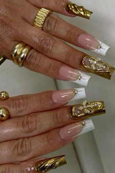 Nail Designs Extravagant, Gold Maximalist Nails, Gold Nail Designs Coffin, French Nail With Gold, Nails To Go With A Red Dress, Maximalist Nail Art, Nails For Trip, Gold Design Nails, French Nails With Gold