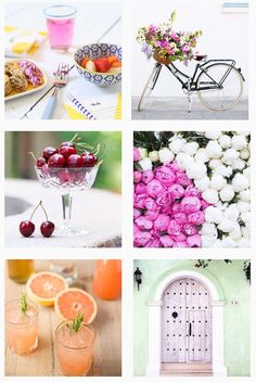 four different pictures with flowers and fruit in them, one has a bicycle on it