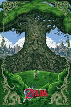 the legend of zelda poster is shown in front of a tree with a man standing under