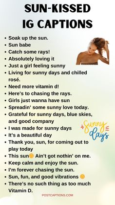 the sun kissed ig captions are shown in this poster, which includes an image of a woman's face