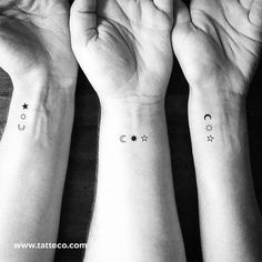 two wrist tattoos with stars and crescents on the left side of their arms, one is