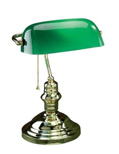 a green table lamp with a metal base and chain on the arm, against a white background