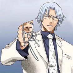 an anime character with blue hair and glasses holding something in one hand while wearing a white suit