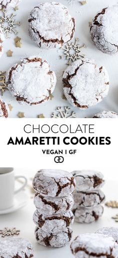 chocolate amarettii cookies are stacked on top of each other with powdered sugar