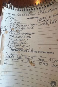 an old recipe book with writing on it