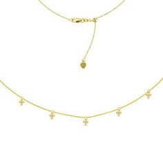 5 Cz Mini Crosses Choker 14k Yellow Gold Necklace, 16" Adjustable Gold Heart Bracelet, Beads Choker, Cross Choker, Charm Choker Necklace, 14k Yellow Gold Necklace, Chain Women, Solid Gold Necklace