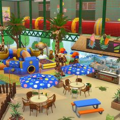 the children's play area is full of toys and furniture, including giraffes