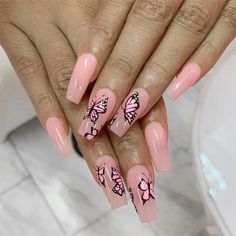 Nail Art French, Nagel Tips, Cute Acrylic Nail Designs, Pink Nail Designs, Butterfly Nail, Beauty Nail, Fire Nails, Coffin Nails Designs, Pretty Acrylic Nails