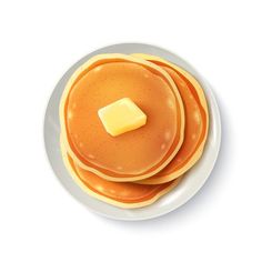 three pancakes on a plate with butter and syrup