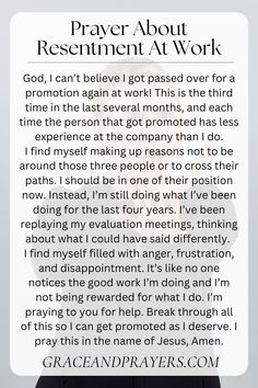 Are you struggling with resentment in your workplace and need God’s peace?
​
​This prayer asks for His wisdom, grace, and the strength to release bitterness and approach your work with a renewed heart.
​
​Discover more prayers for healing and guidance at Grace and Prayers.