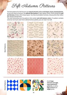 an advertisement with different patterns and colors on it's front page, including flowers