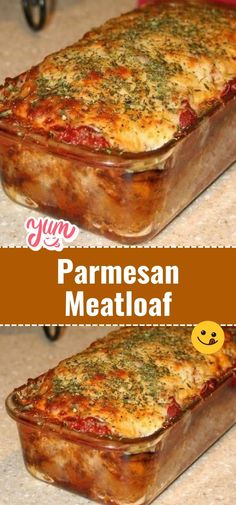 two casserole dishes sitting on top of a counter with the words parmesan meatloaf