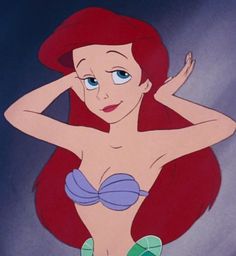 ariel from the little mermaid with blue eyes and red hair, holding her hands behind her head