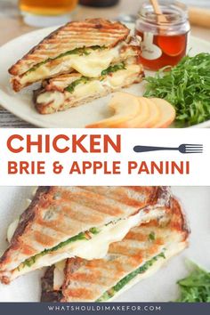 grilled chicken brie and apple panini on a white plate