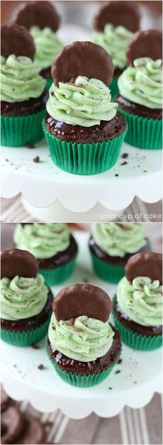 chocolate cupcakes with green frosting on a cake plate